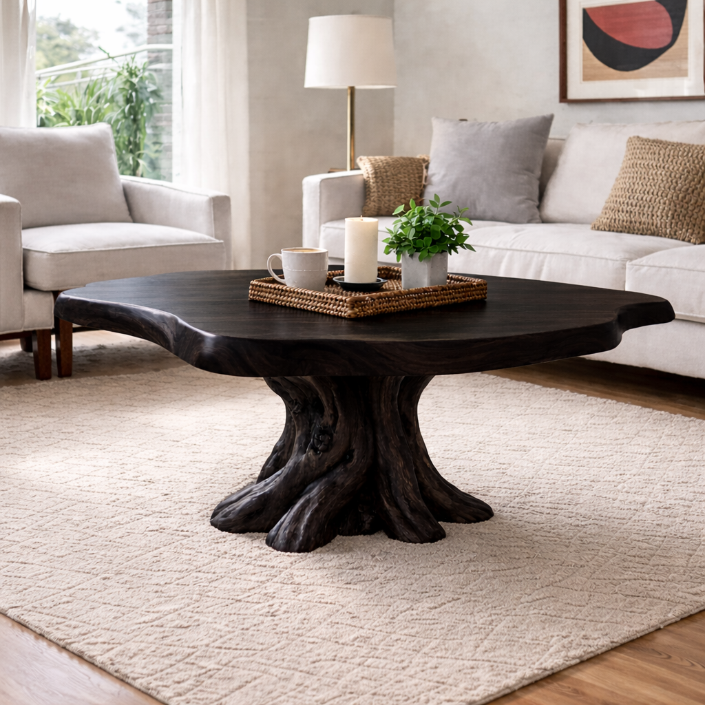 Solid Wood Round Coffee Table for Rustic Living Room with Tree Root Base