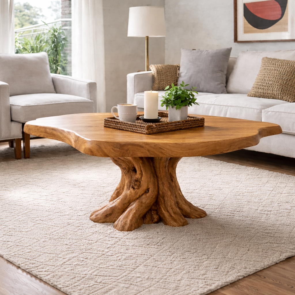 Solid Wood Round Coffee Table for Rustic Living Room with Tree Root Base