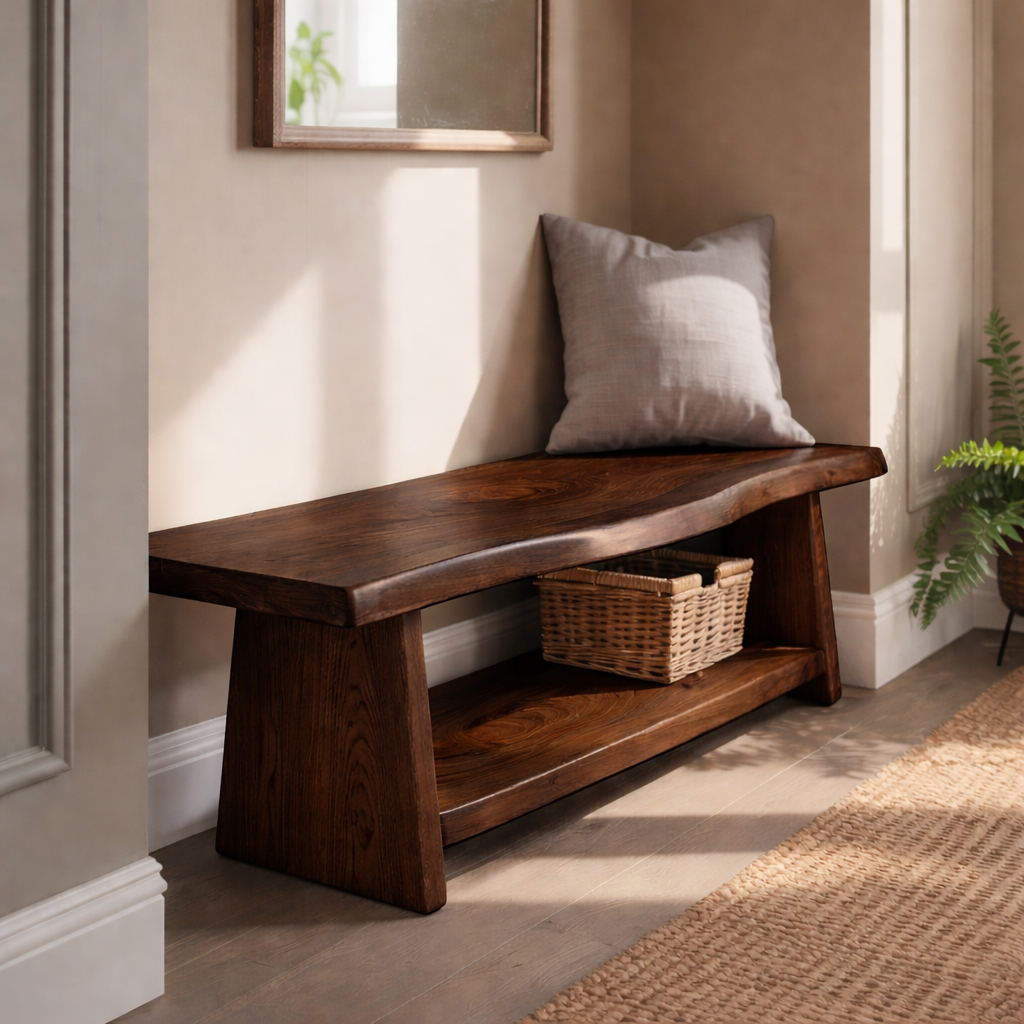 Solid Wood Live Edge Entryway Bench with Lower Shelf – Natural Wood Storage Bench