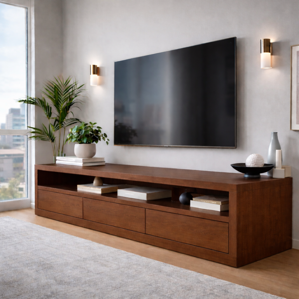 Solid Wood Low Profile TV Stand with Drawers & Open Shelf – Modern Media Console
