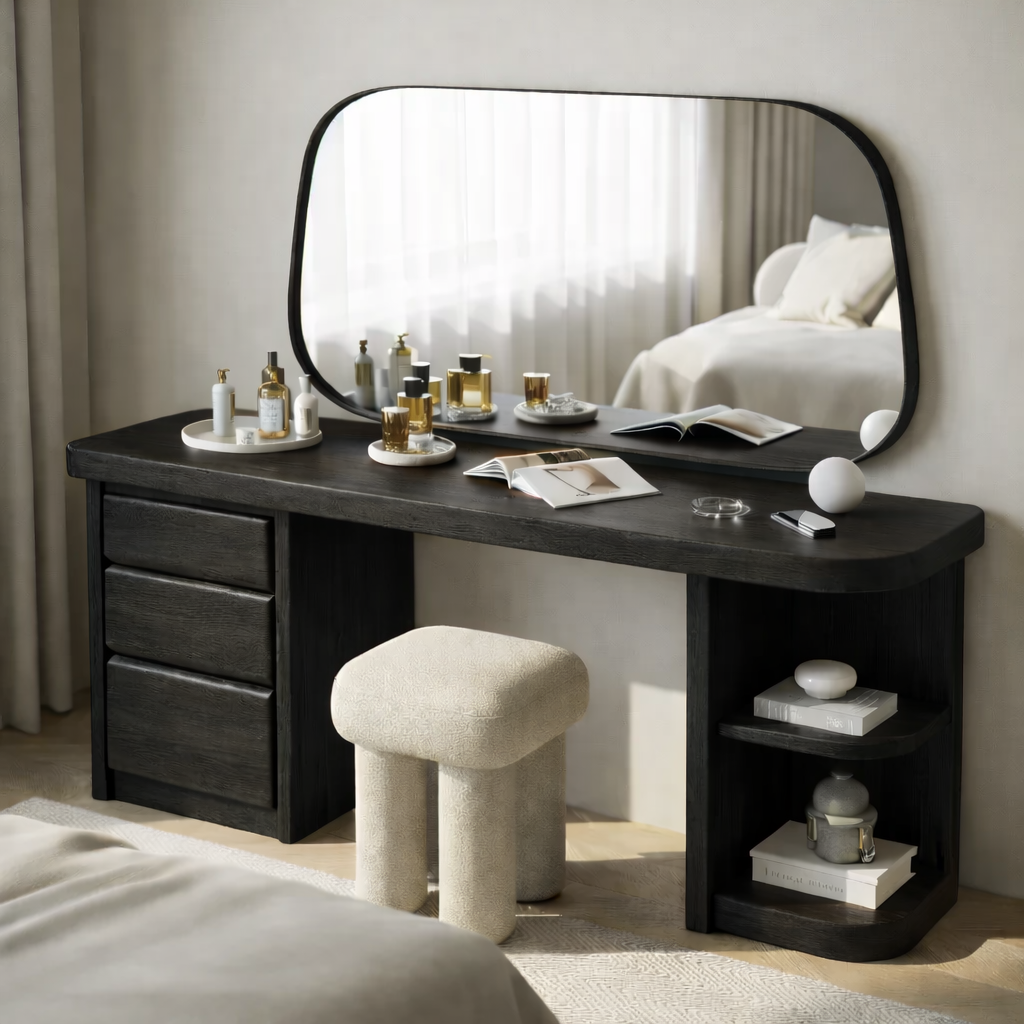 Solid Wood Makeup Vanity Desk – Modern Dressing Table with Drawers & Open Shelf