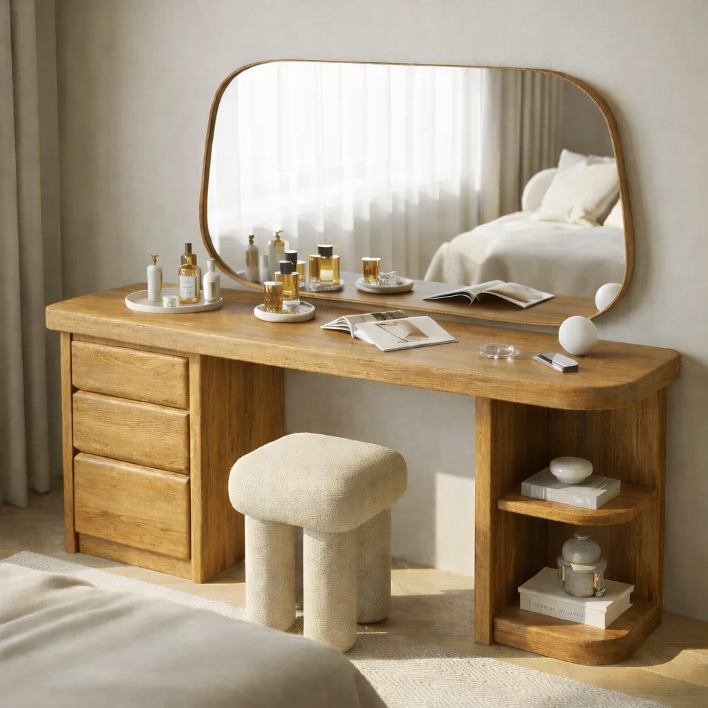 Solid Wood Makeup Vanity Desk – Modern Dressing Table with Drawers & Open Shelf