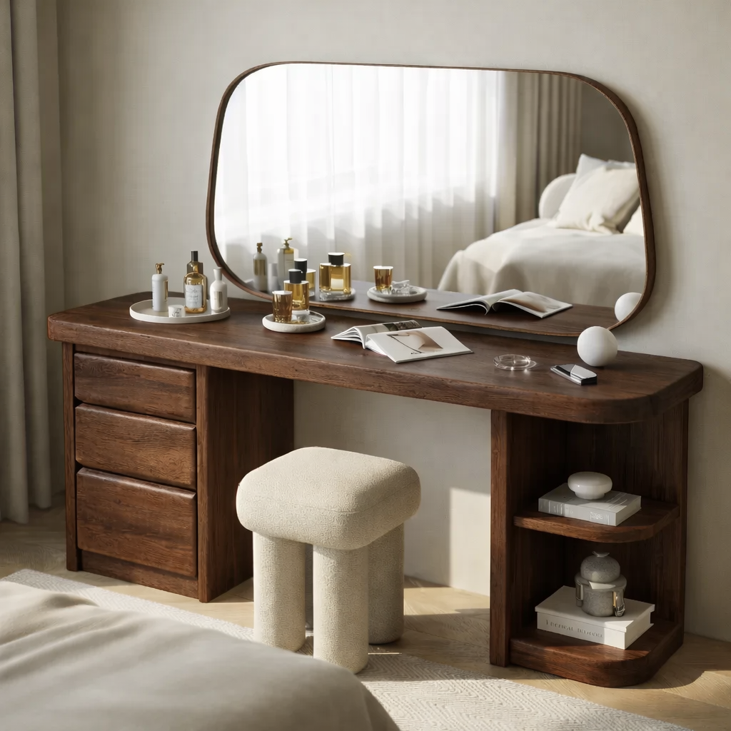 Solid Wood Makeup Vanity Desk – Modern Dressing Table with Drawers & Open Shelf