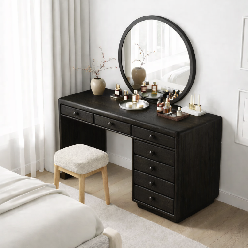 Solid Wood Makeup Vanity Desk with 7 Drawers, Modern Wooden Dressing Table with Rounded Edges