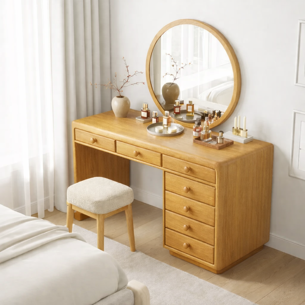 Solid Wood Makeup Vanity Desk with 7 Drawers, Modern Wooden Dressing Table with Rounded Edges