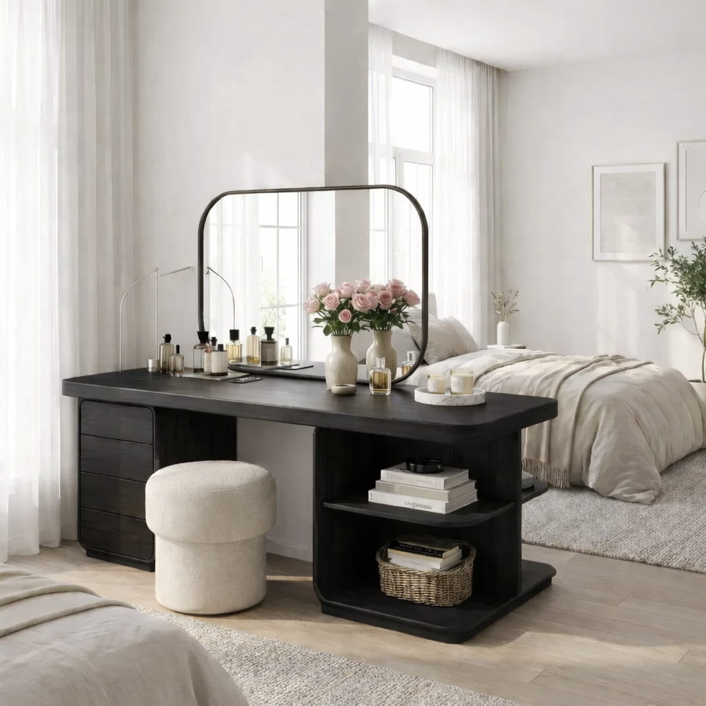 Solid Wood Makeup Vanity Desk with Side Open Shelves and Storage Drawers