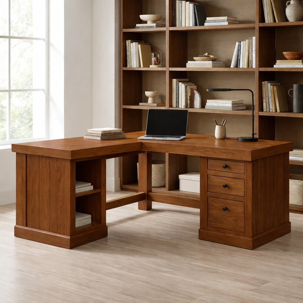 Solid Wood L Shaped Office Desk with 3 Drawers and Open Side Shelves, Modern Wooden Corner Desk