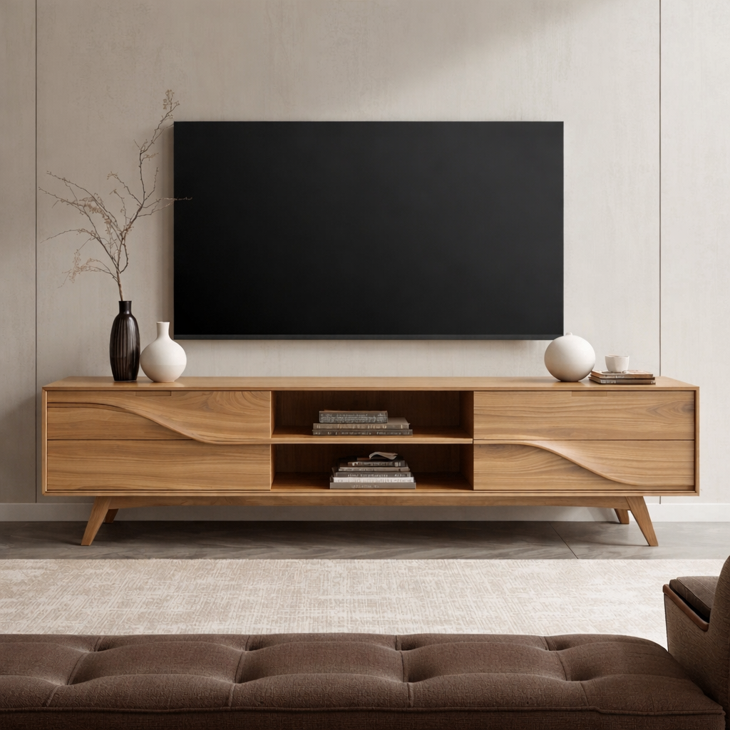Solid Wood TV Stand with Wave Carved Drawers – Modern Mid-Century Media Console