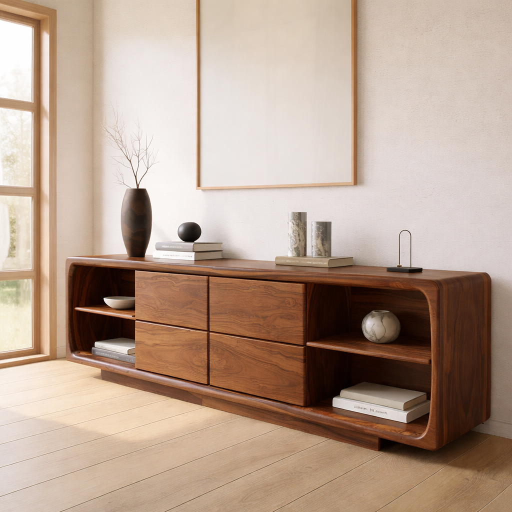 Solid Wood Console Table with Drawer Storage and Open Shelf Design for Modern Living Room