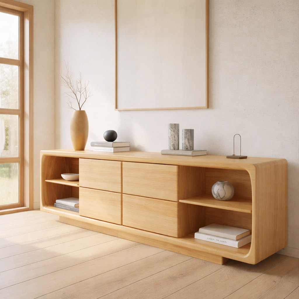 Solid Wood Console Table with Drawer Storage and Open Shelf Design for Modern Living Room