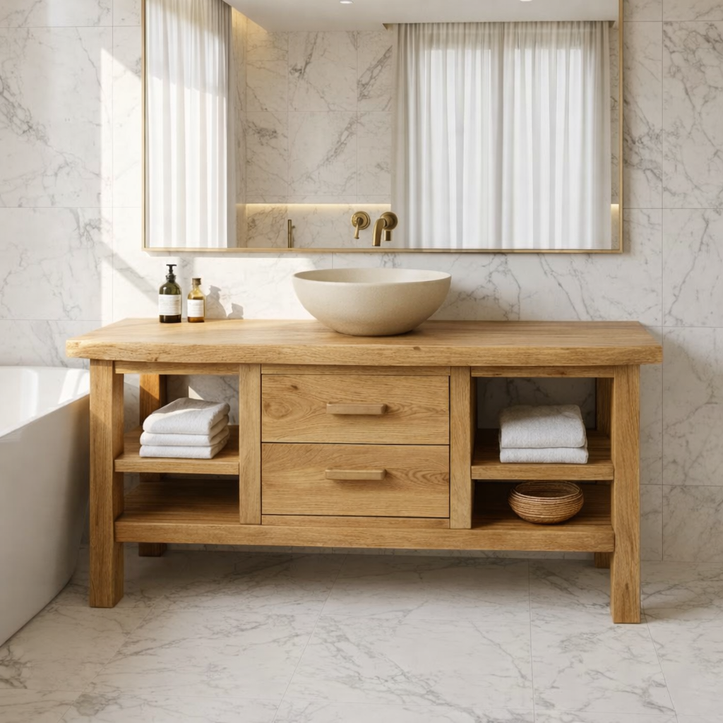 Solid Wood Bathroom Vanity with Center Drawers and Open Side Shelves for Contemporary Bathrooms
