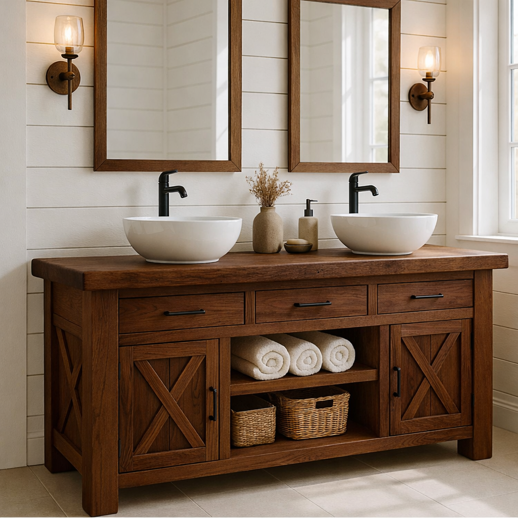 Farmhouse Solid Wood Double Bathroom Vanity with 3 Drawers, Sliding Barn Doors and Open Shelf