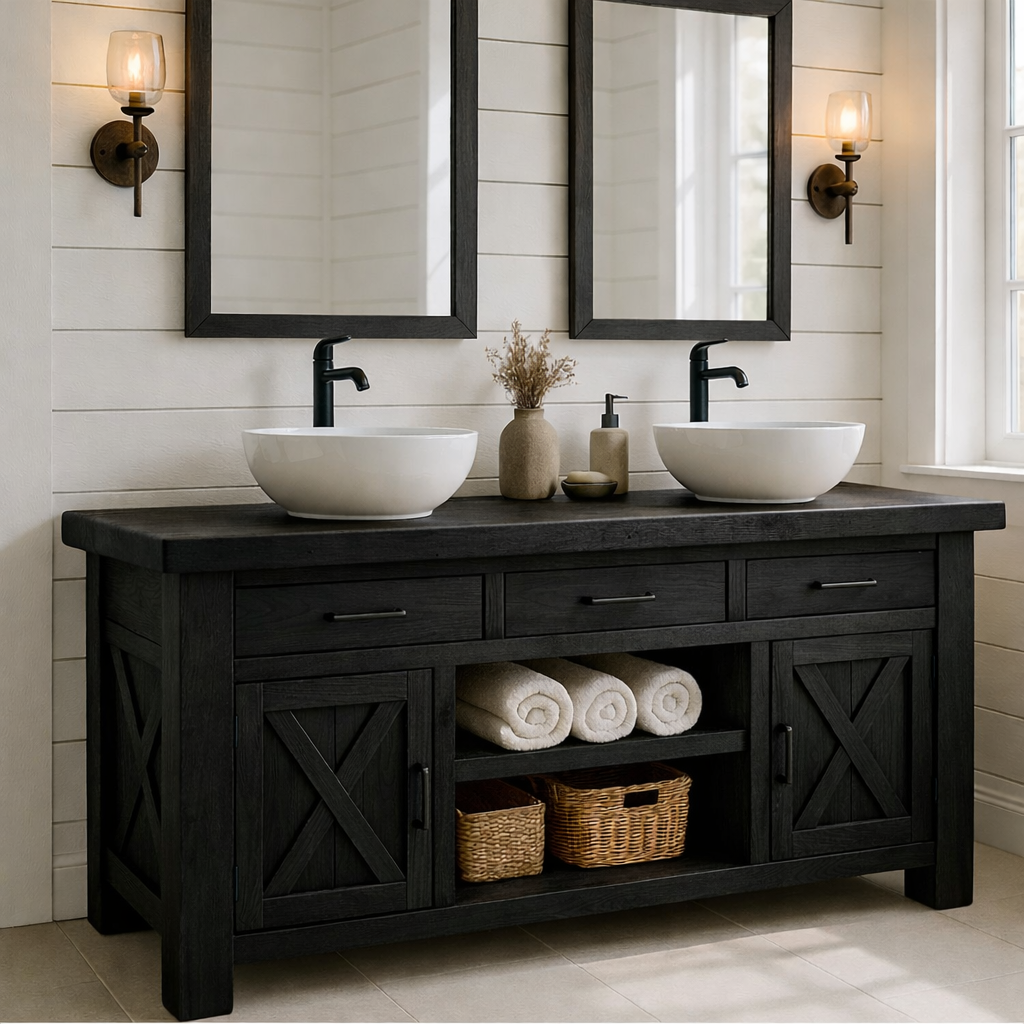 Farmhouse Solid Wood Double Bathroom Vanity with 3 Drawers, Sliding Barn Doors and Open Shelf