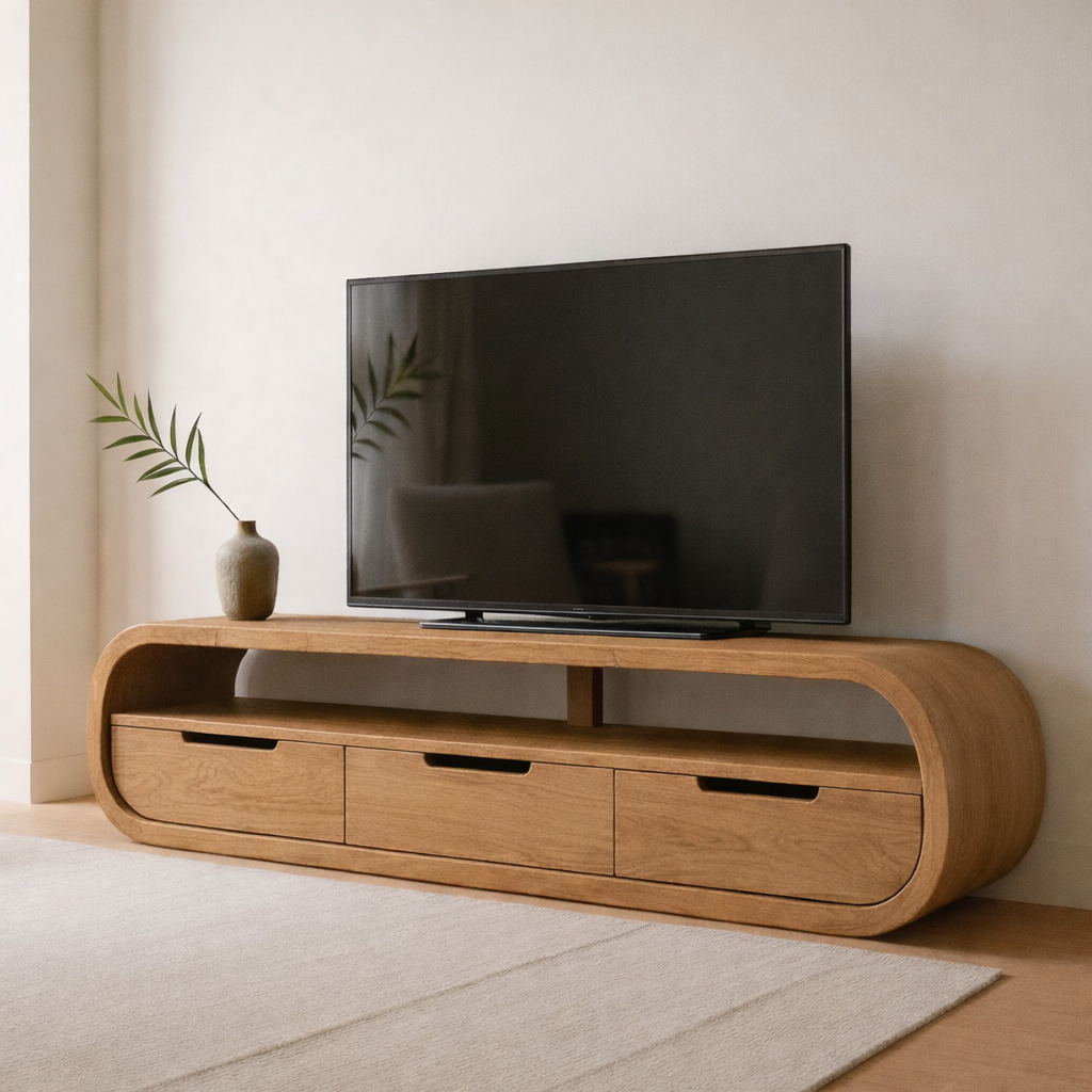 Modern Curved Solid Wood TV Stand with Drawer Storage