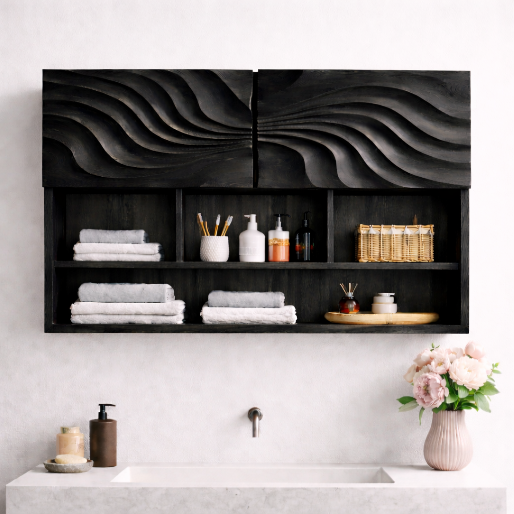 Solid Wood Floating Bathroom Shelf Cabinet with Wave Carved Doors