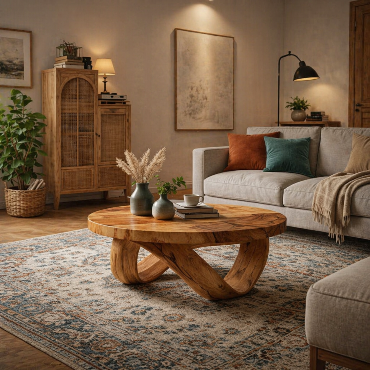 Round Solid Wood Coffee Table with Sculptural Curved Base in Warm Walnut Tone
