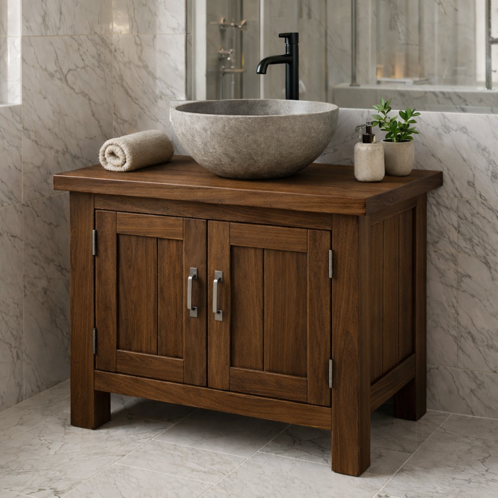 Solid Wood Bathroom Vanity with Double Cabinet Doors for Modern Rustic Spaces