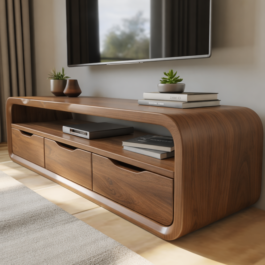 Luxury Curved Solid Wood TV Stand with Open Shelf and Drawer Storage