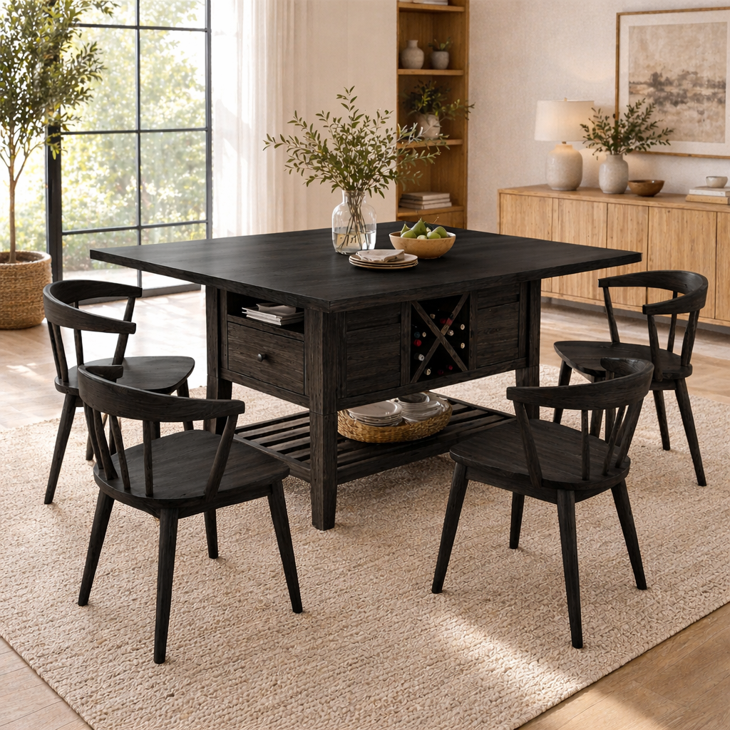 Solid Wood Kitchen Island with Storage Shelf and Wine Rack – Modern Farmhouse Prep Table