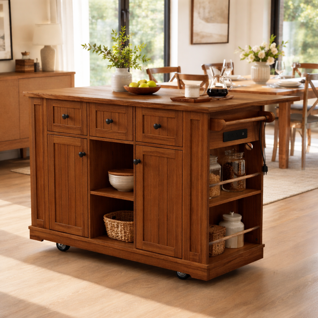 Solid Wood Kitchen Island with Storage & Power Outlet – Oak Rolling Kitchen Cart with Drawers, Cabinets & Shelves