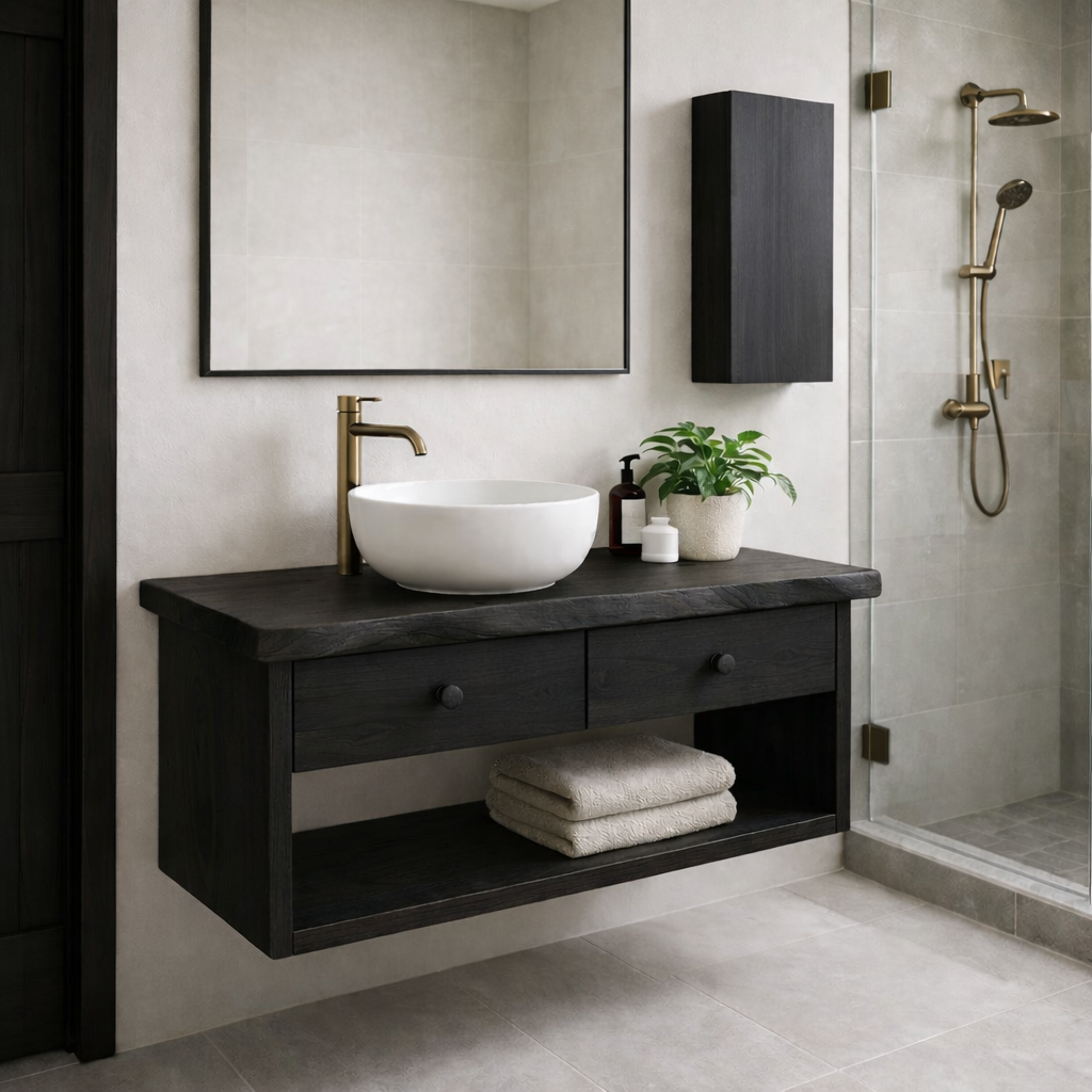 Floating Solid Wood Bathroom Vanity with Double Drawers – Wall Mounted Modern Design