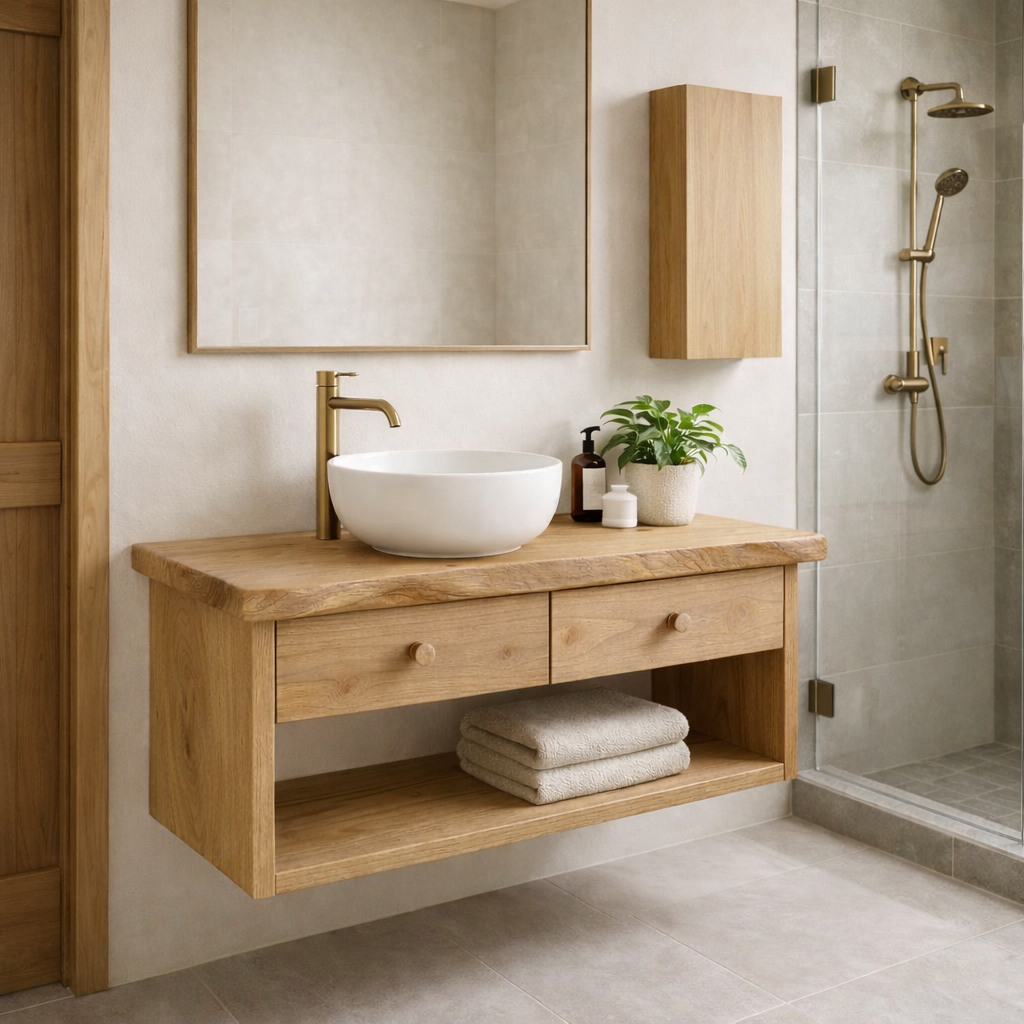 Floating Solid Wood Bathroom Vanity with Double Drawers – Wall Mounted Modern Design