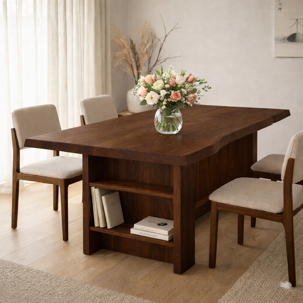 Solid Wood Live Edge Dining Table with Built-In Shelf Storage