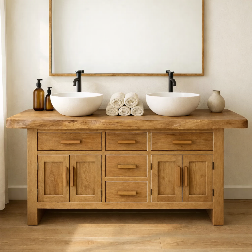 Solid Wood Double Bathroom Vanity with Five Drawers and Dual Cabinet Doors for Master Bathrooms