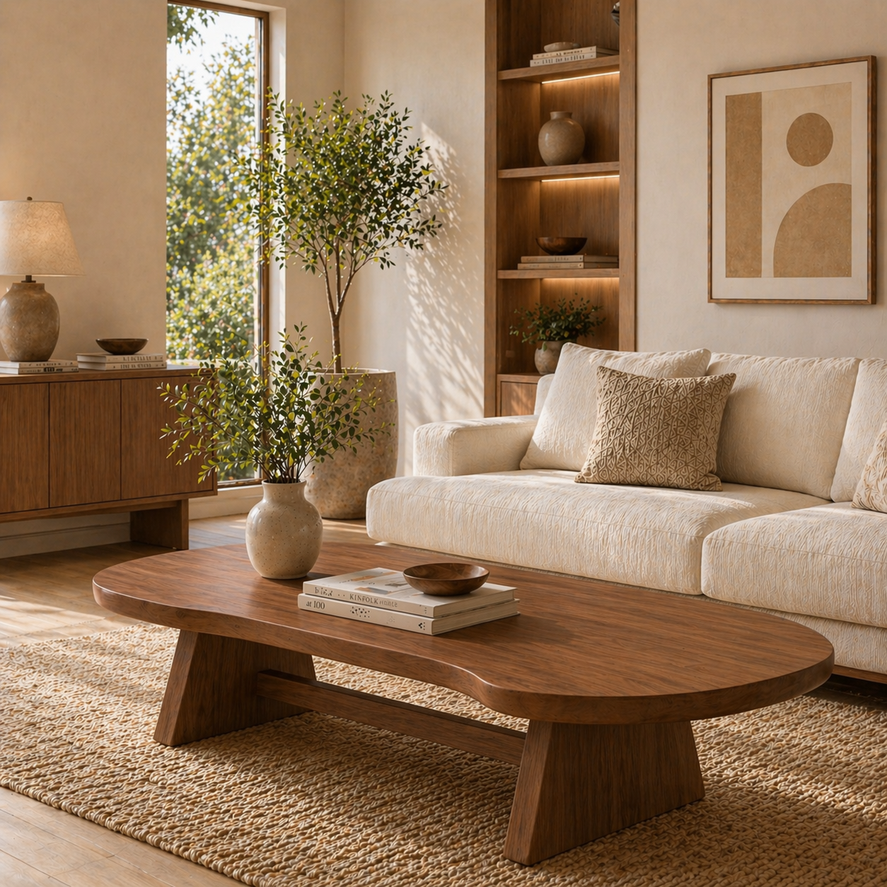 Solid Wood Coffee Table with Organic Oval Top and Angled Base