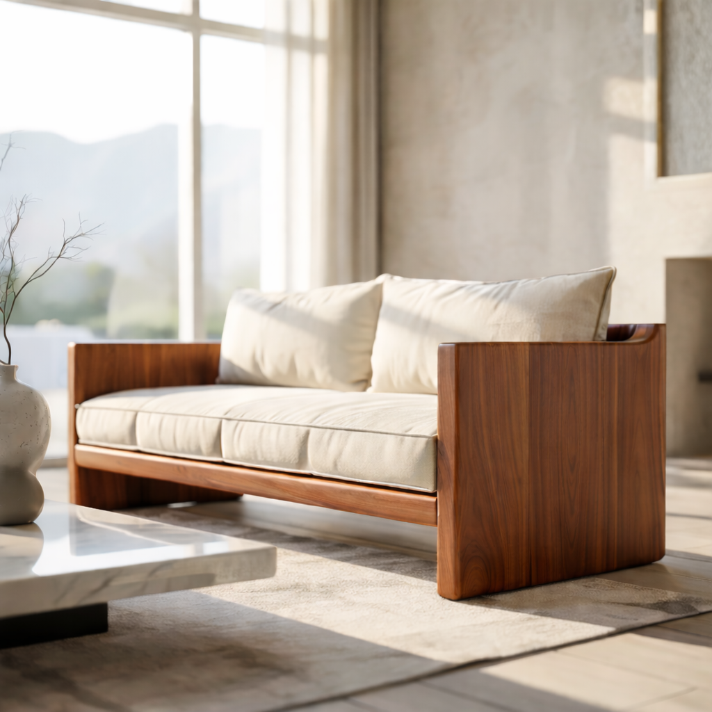 Modern Solid Wood Sofa with Minimalist Block Arms