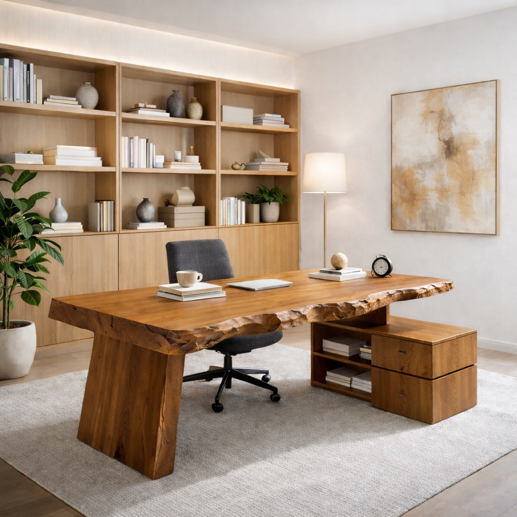Solid Wood Live Edge Desk with Storage Cabinet – Rustic Modern Executive Office Desk