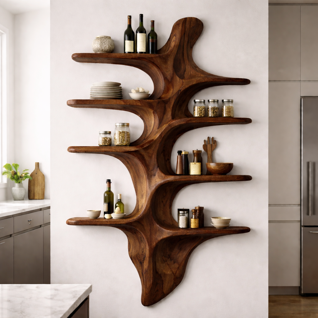 Sculptural Solid Wood Wall Shelf Kitchen Cabinet – Organic Live Edge Floating Storage