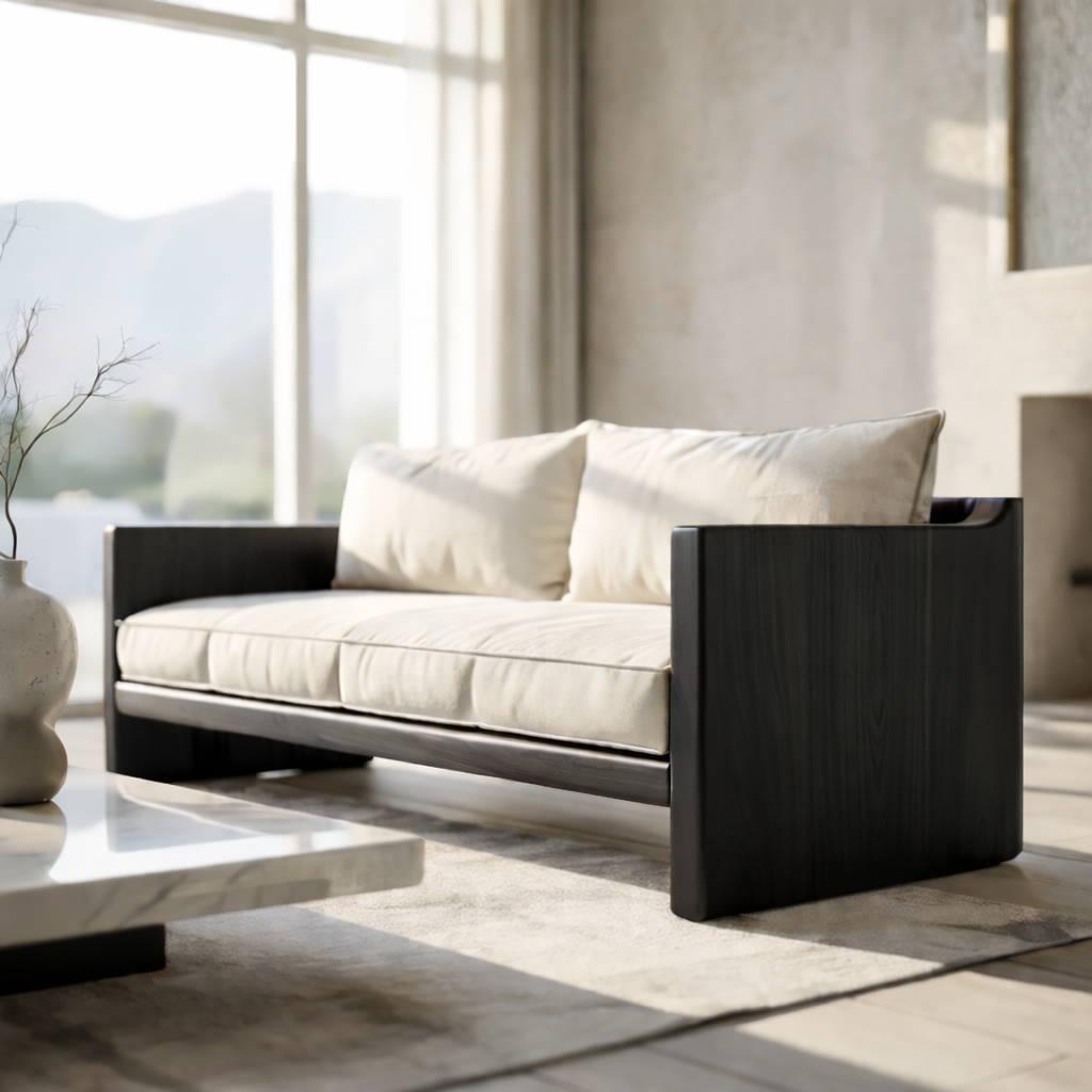 Modern Solid Wood Sofa with Minimalist Block Arms
