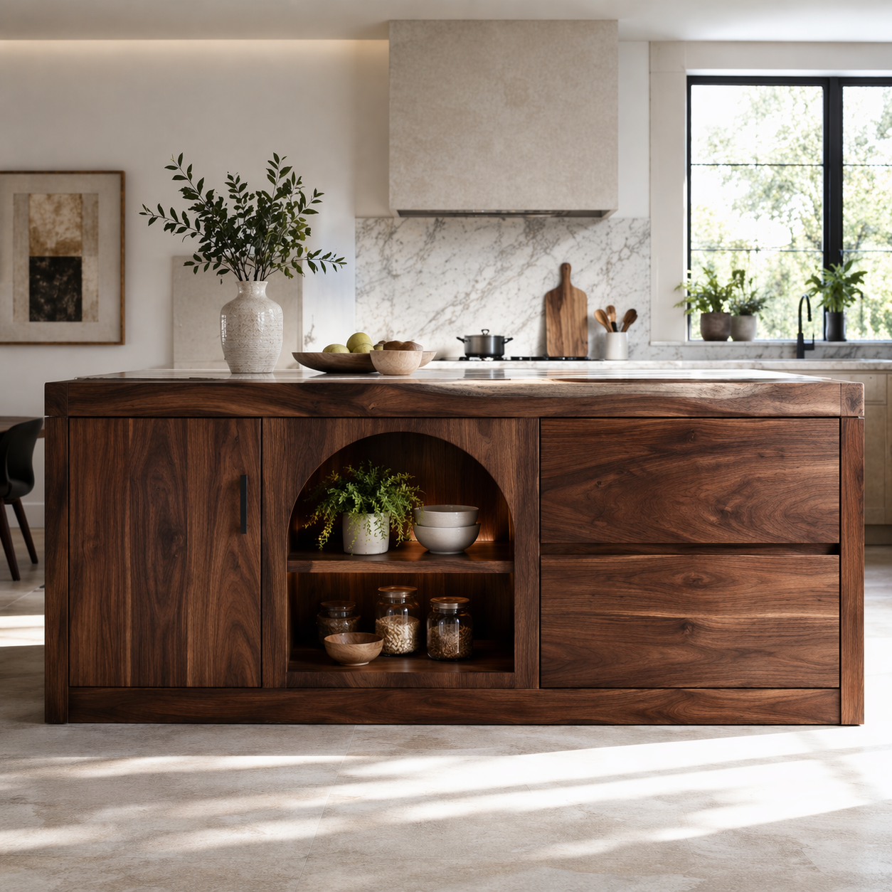 Solid Woood Kitchen Island with Arched Shelf, Drawer & Cabinet Storage