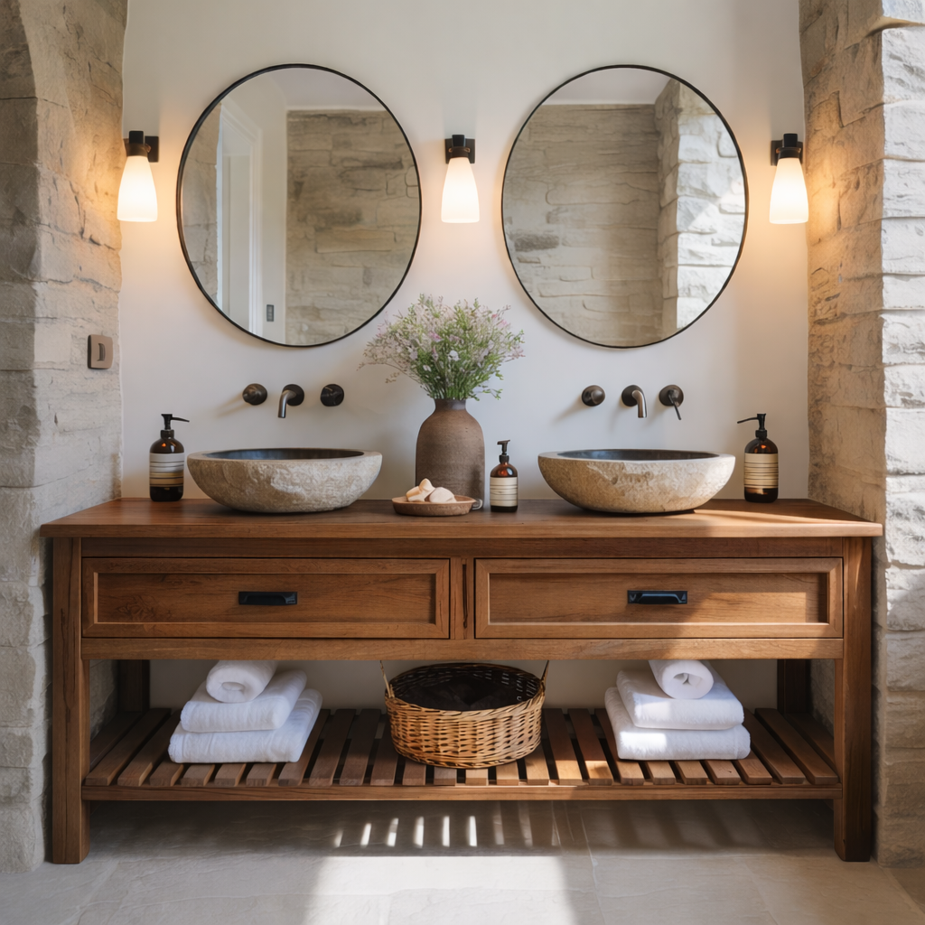 Rustic Solid Wood Double Bathroom Vanity with Open Slatted Shelf