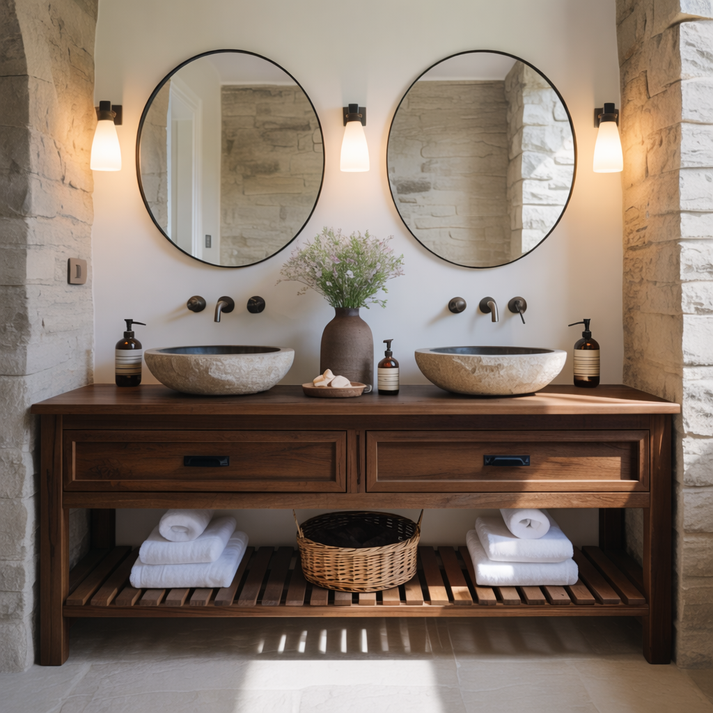 Rustic Solid Wood Double Bathroom Vanity with Open Slatted Shelf