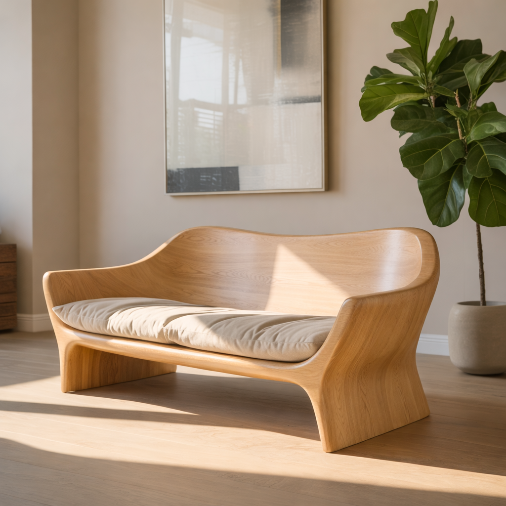 Modern Solid Wood Sofa with Sculpted Curved Frame