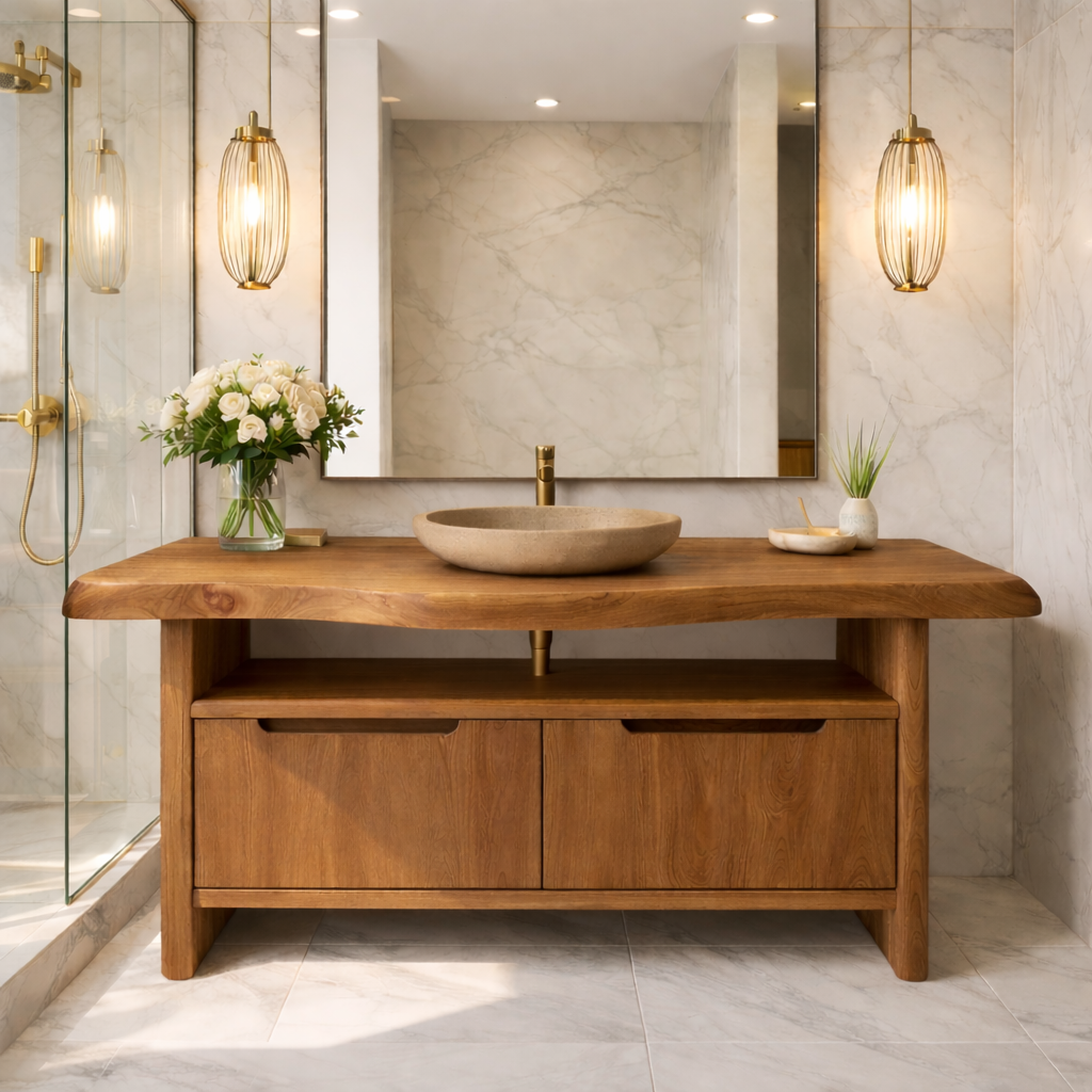 Live Edge Solid Wood Bathroom Vanity with Dual Drawers and Open Shelf for Contemporary Bathrooms
