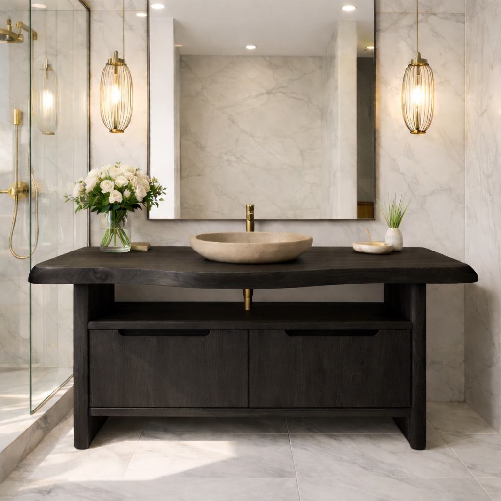 Live Edge Solid Wood Bathroom Vanity with Dual Drawers and Open Shelf for Contemporary Bathrooms