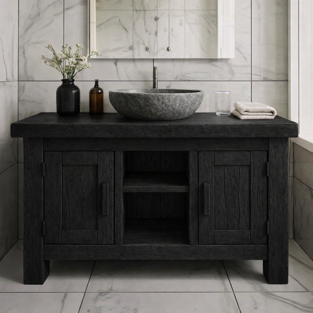 Farmhouse Solid Wood Bathroom Vanity Cabinet with Double Door Storage and Open Shelf