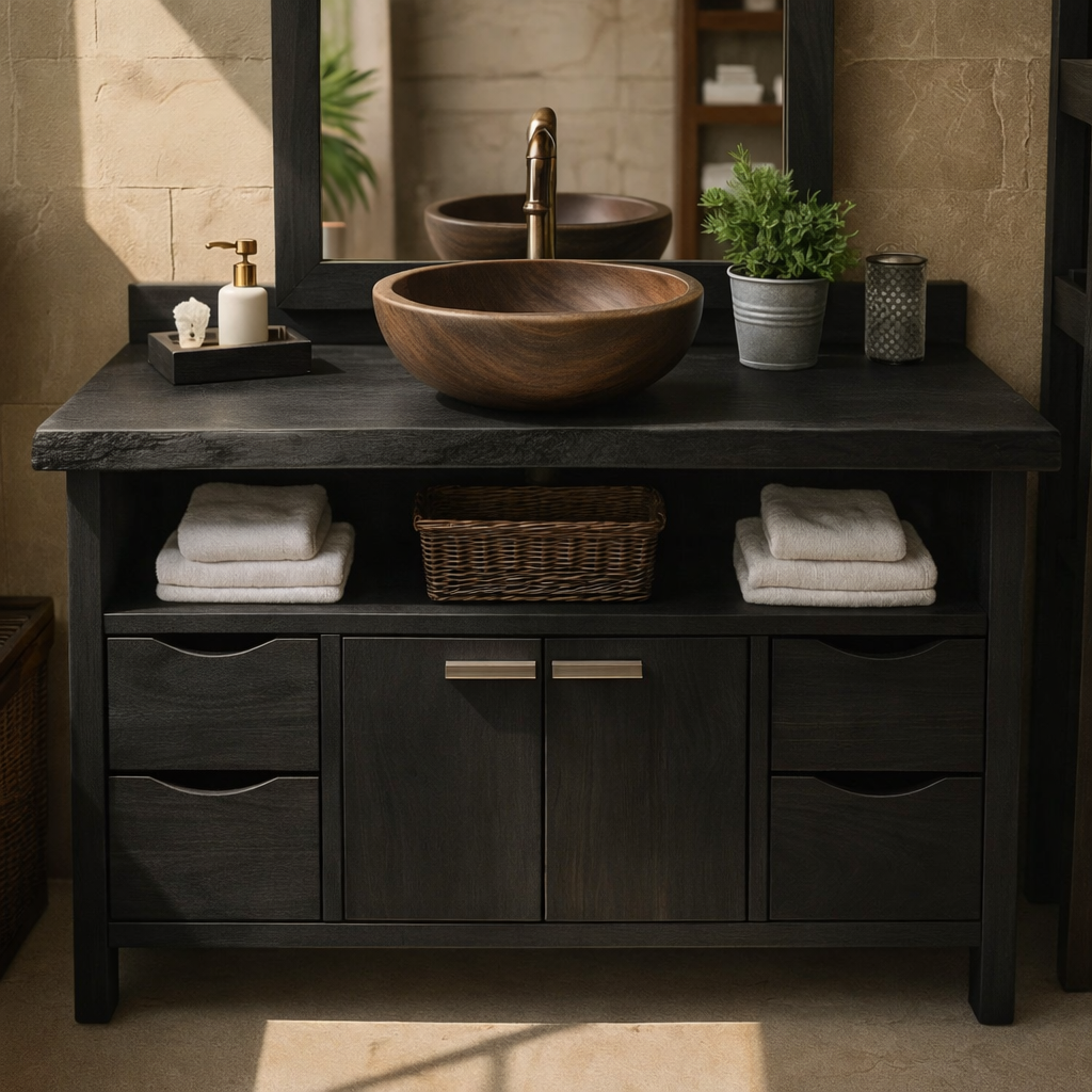 Rustic Solid Wood Bathroom Vanity Cabinet with Multi-Drawer Storage and Open Shelf