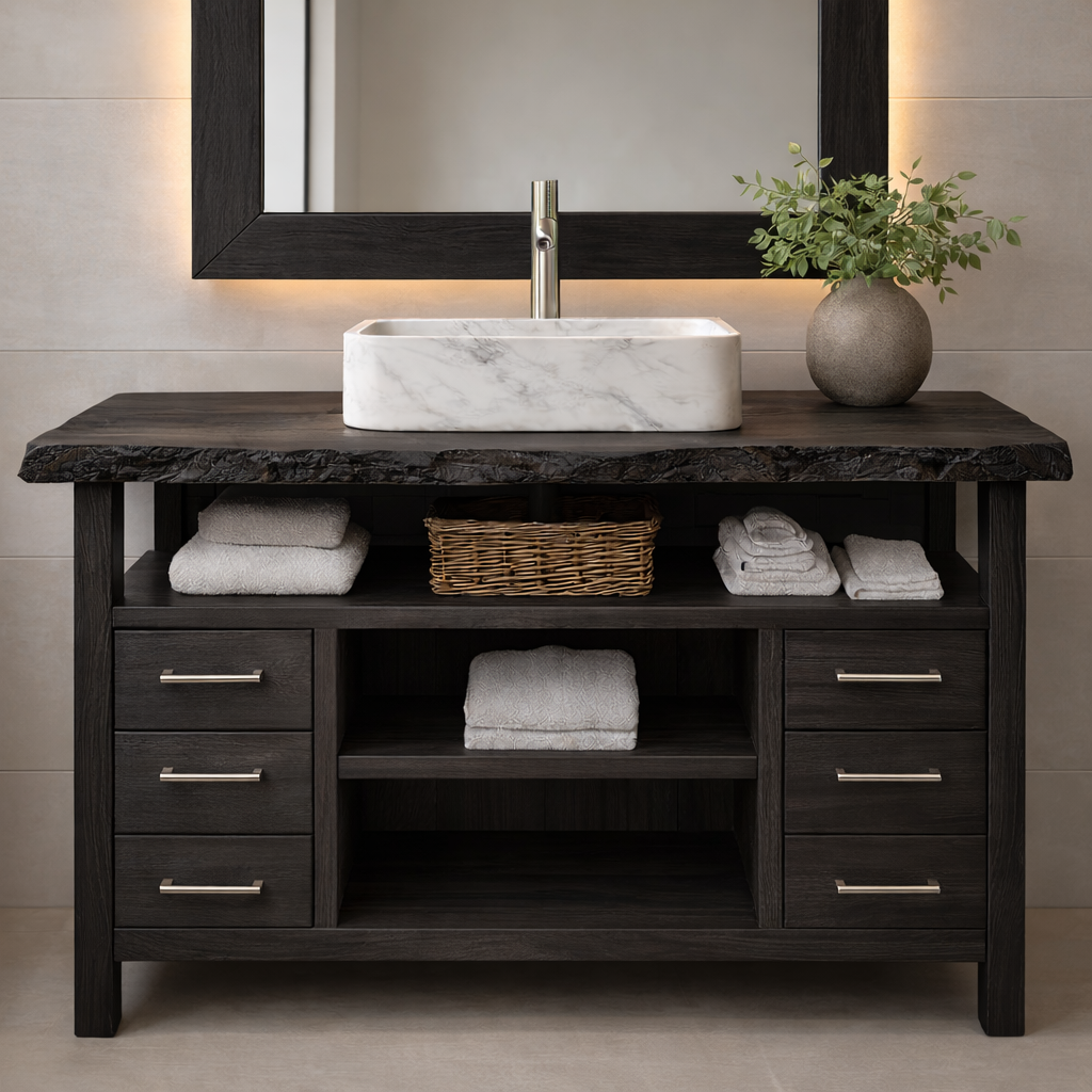 Solid Wood Bathroom Vanity with Six Drawers and Open Shelves – Freestanding Natural Wood Vanity Cabinet