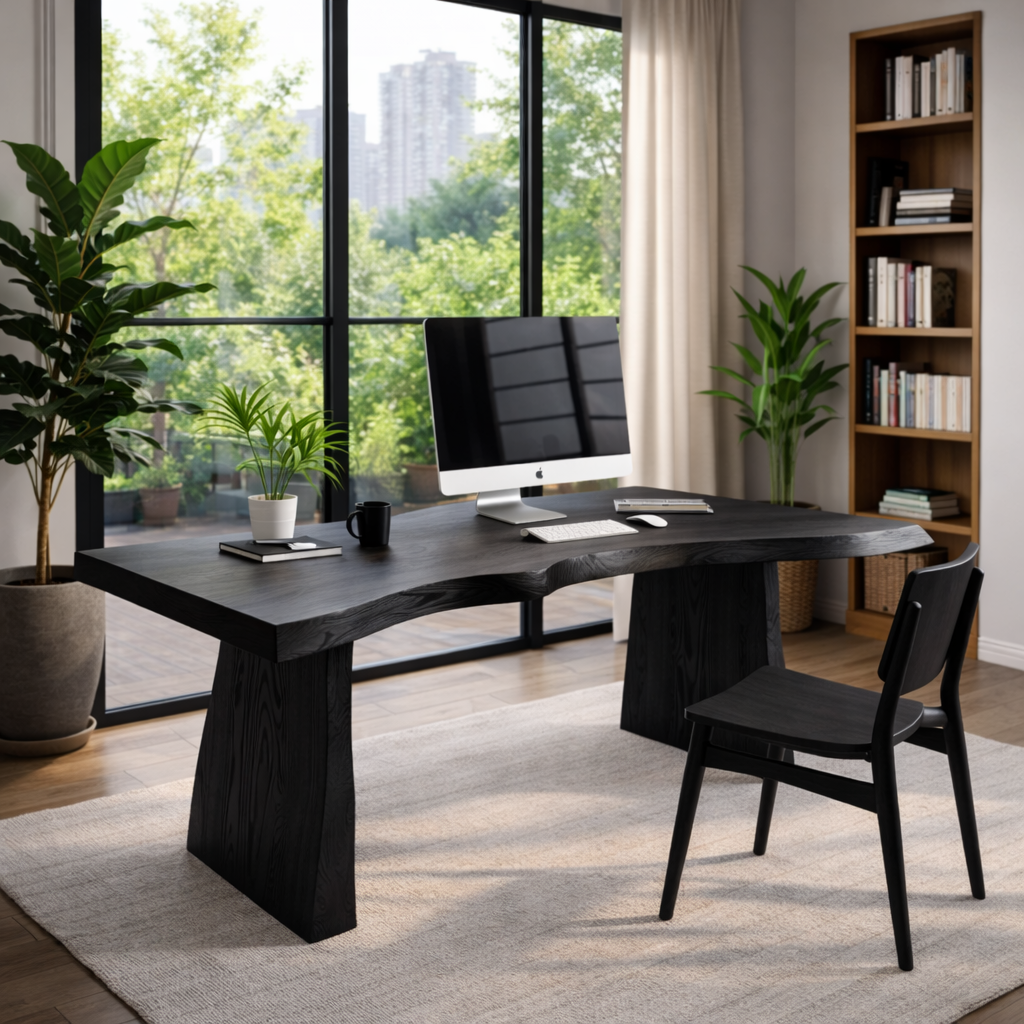 Solid Wood Live Edge Executive Desk for Modern Office with Natural Wood Slab