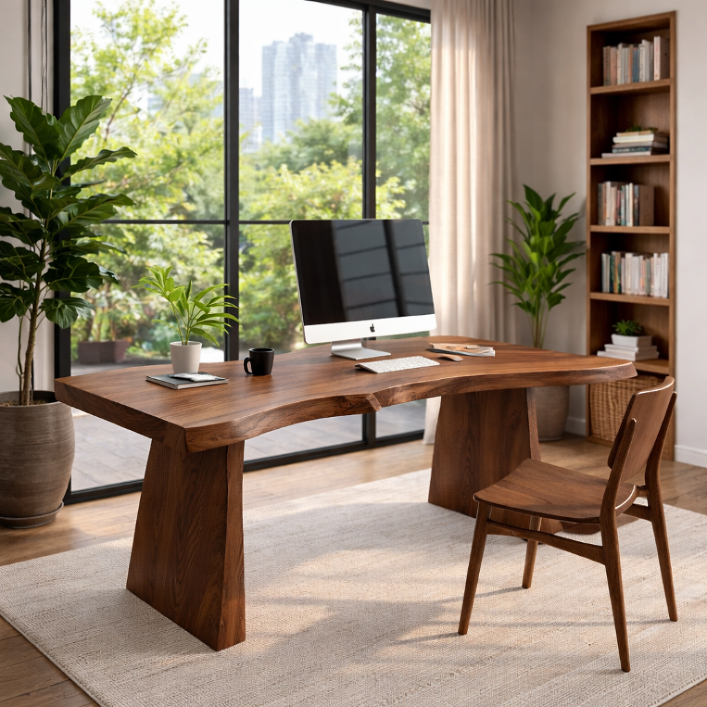 Solid Wood Live Edge Executive Desk for Modern Office with Natural Wood Slab