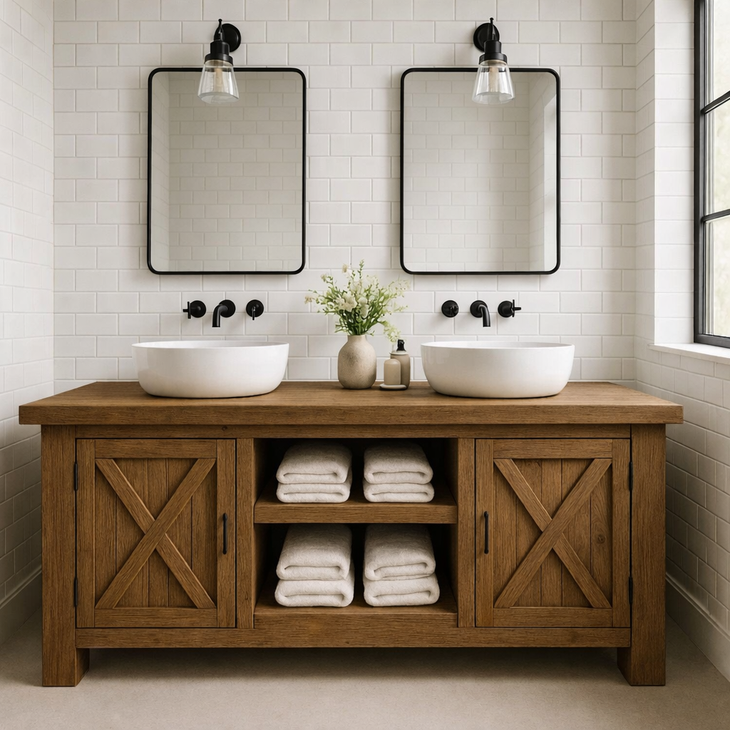 Solid Wood Double Bathroom Vanity Cabinet with Sliding Barn-Style Doors and Open Center Shelving