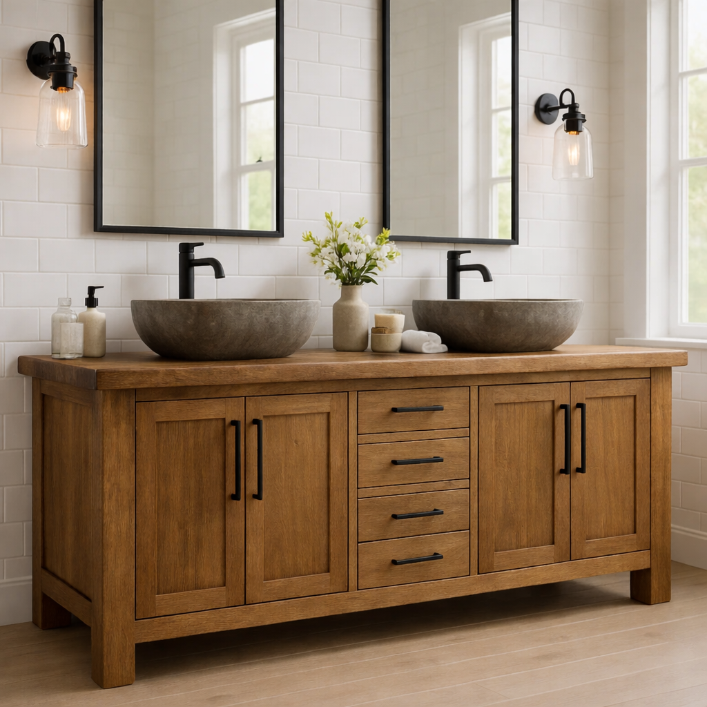 Solid Wood Double Bathroom Vanity Cabinet with Drawers & Doors – Rustic Farmhouse Vanity Base