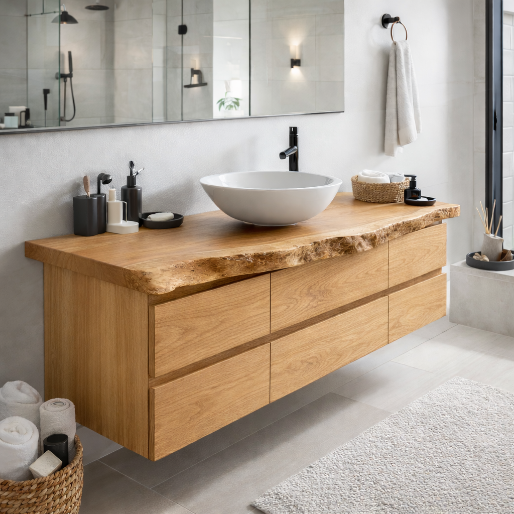 Solid Wood Floating Bathroom Vanity with Live Edge Top – Modern Wall Mounted Cabinet