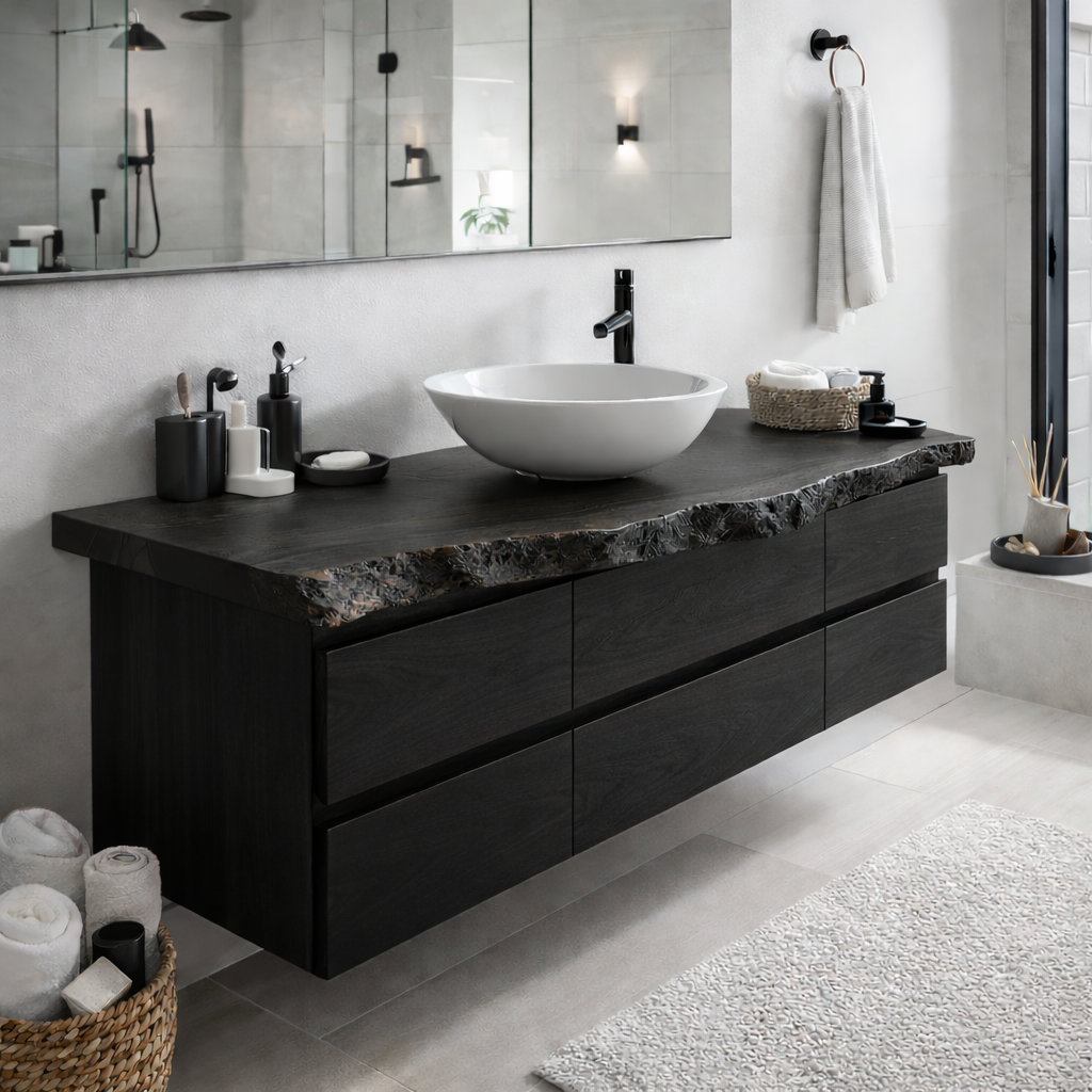 Solid Wood Floating Bathroom Vanity with Live Edge Top – Modern Wall Mounted Cabinet