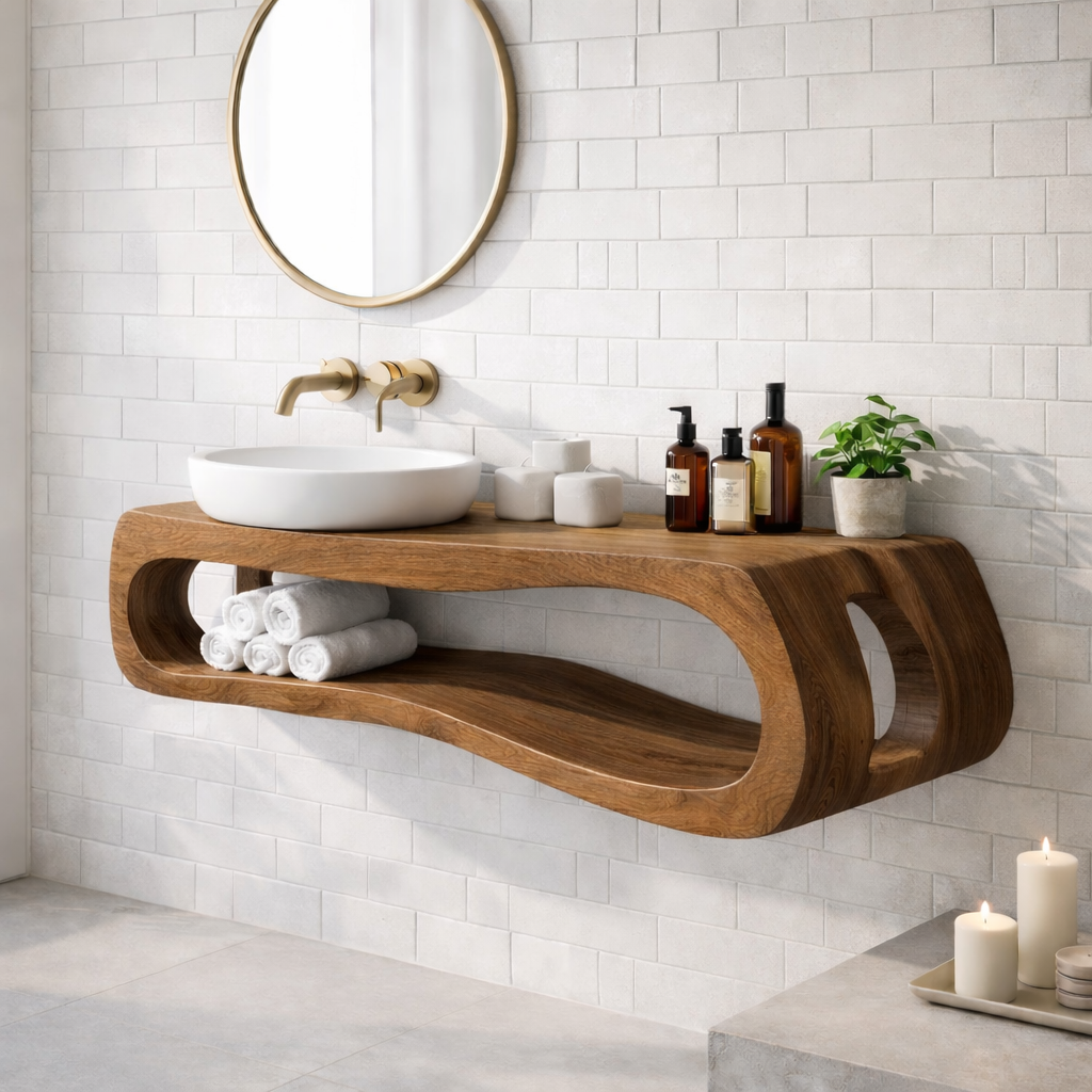 Solid Wood Floating Bathroom Vanity with Open Shelf – Modern Curved Wall Mounted Cabinet