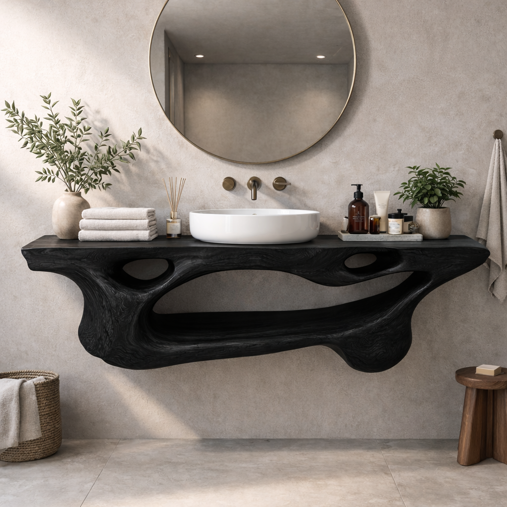 Solid Wood Floating Bathroom Vanity with Sculptural Live Edge – Modern Organic Wall Mounted Cabinet